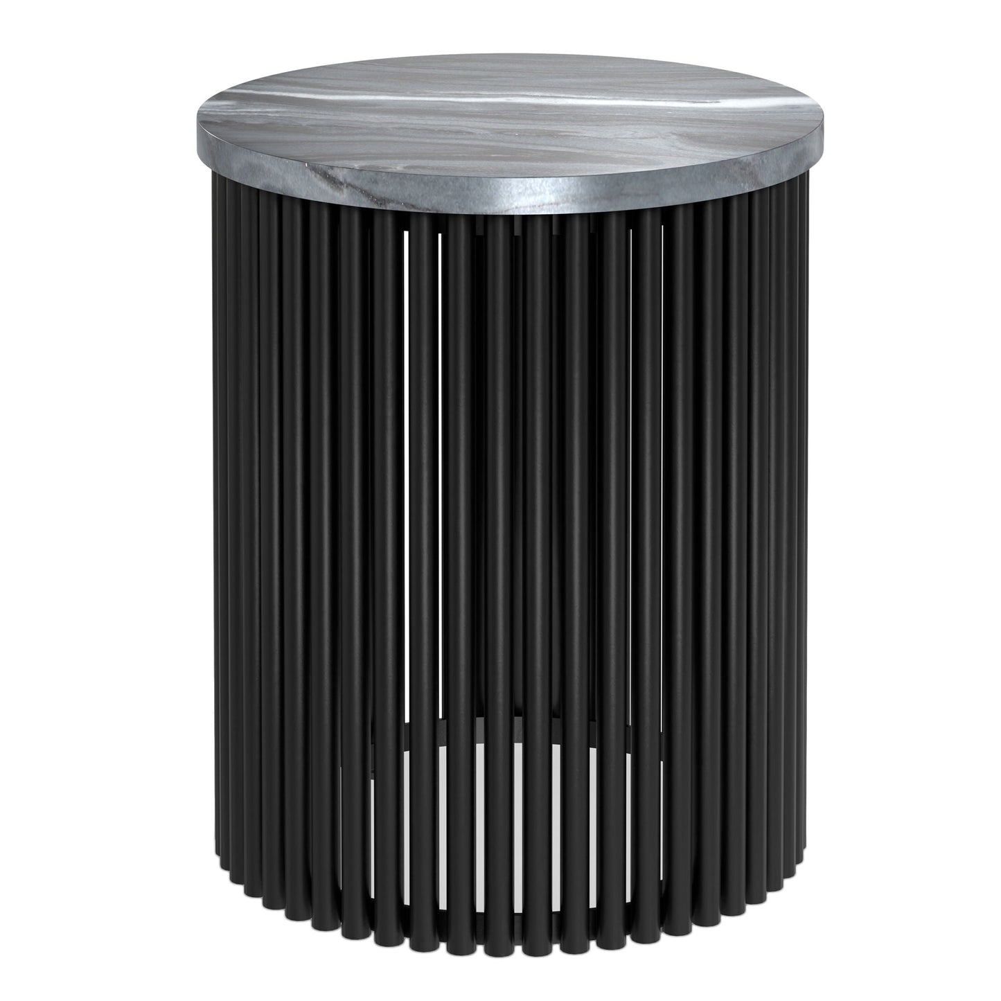 Demy Marble Accent Table round gray marble top with black metal slat base end table on Tampa Home & Garden Store