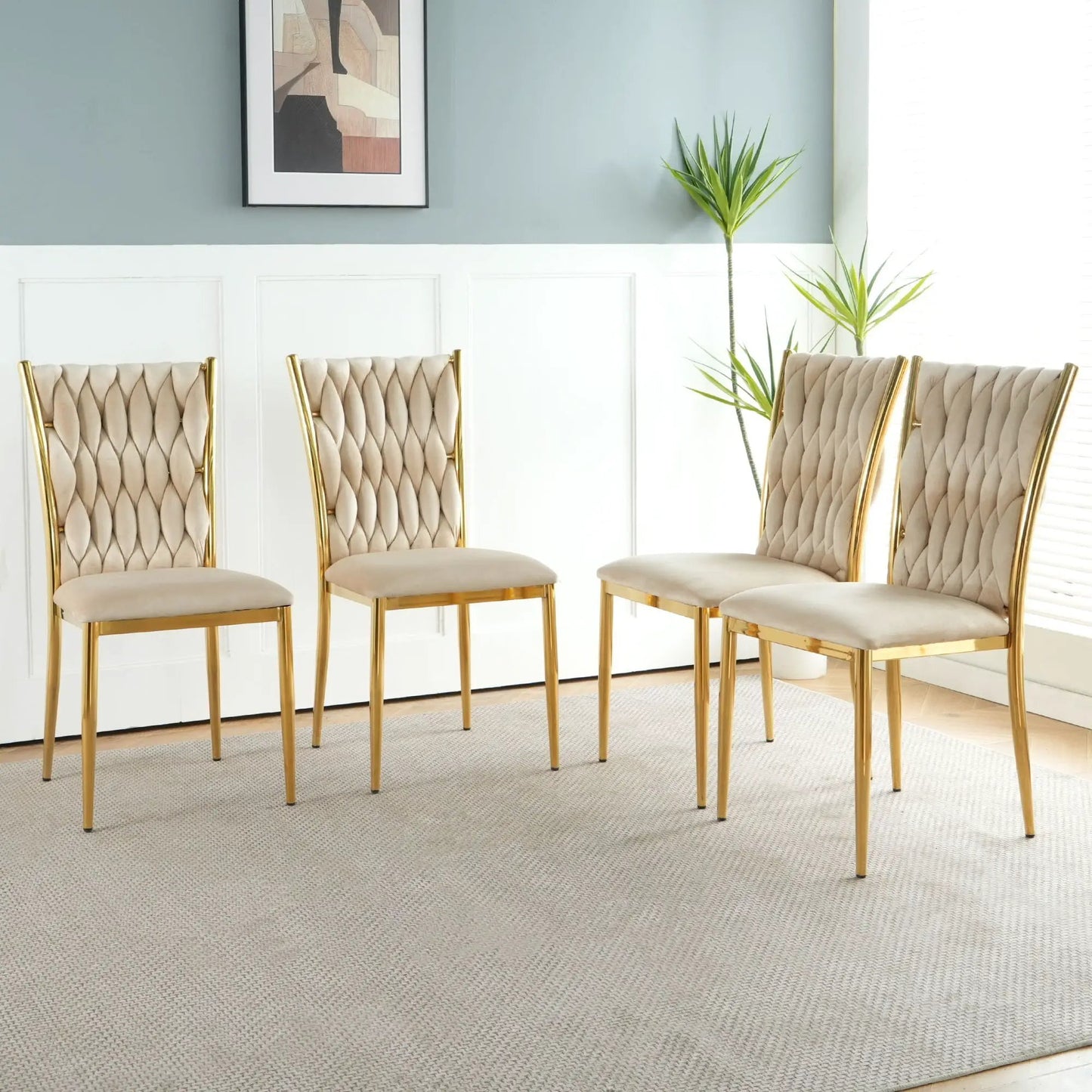 Modern dining chair set with beige tufted upholstery and gold-tone legs, includes five chairs on Tampa Home & Garden Store