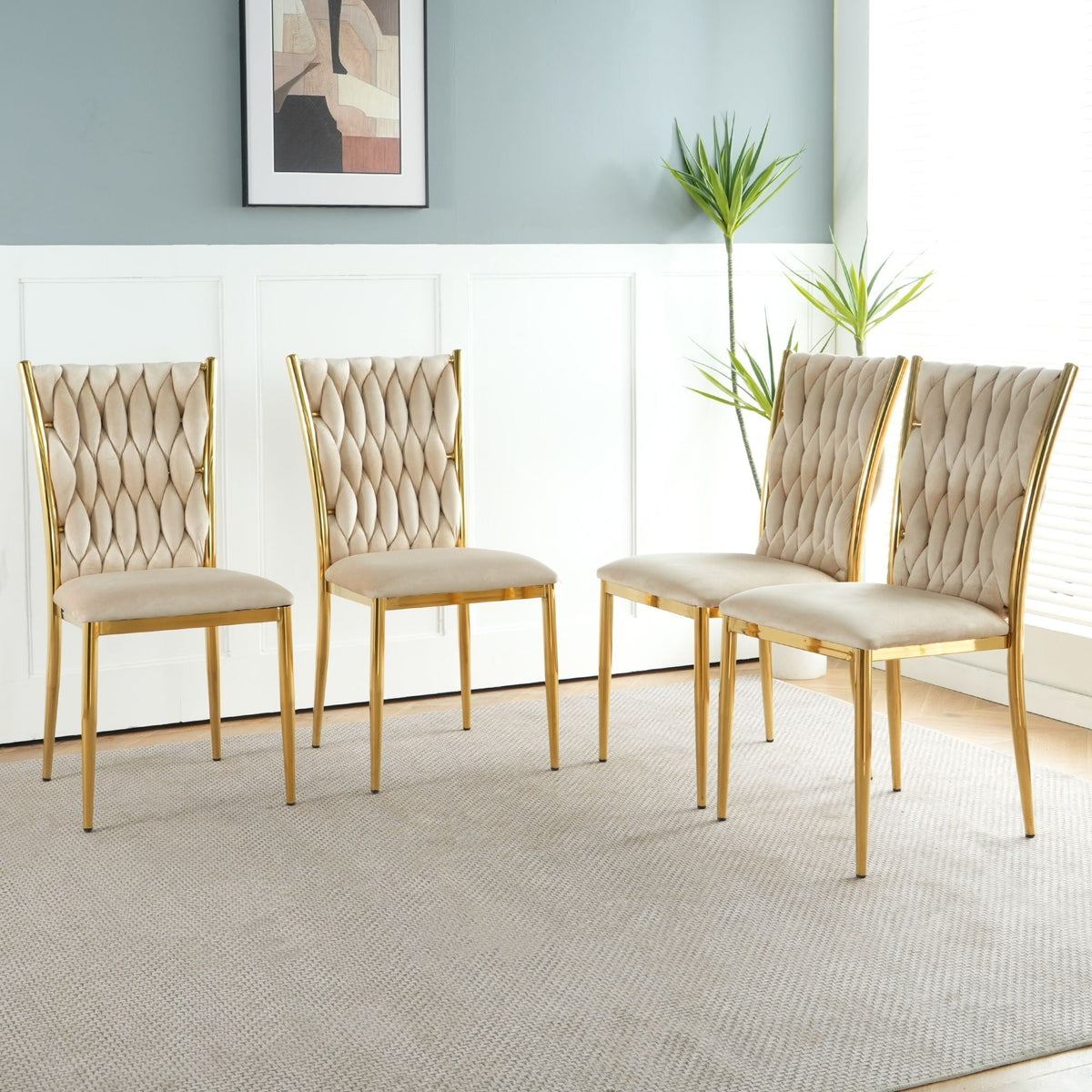 Modern dining chair set beige tufted upholstery with plated gold legs on Tampa Home & Garden Store