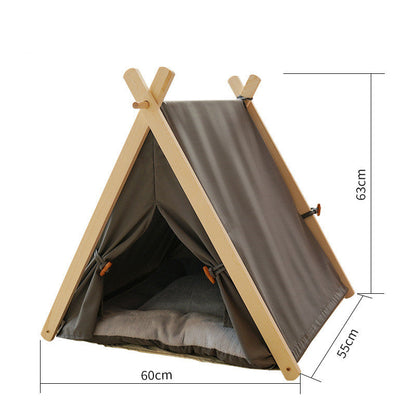 Pet tent for cats with natural wood A-frame and striped canvas, washable cover, 60x55x63 cm on Tampa Home & Garden Store