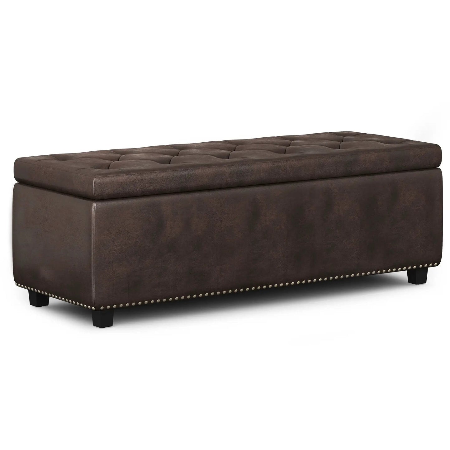 Hamilton Upholstered Storage Ottoman brown faux leather tufted lid nailhead trim on Tampa Home & Garden Store