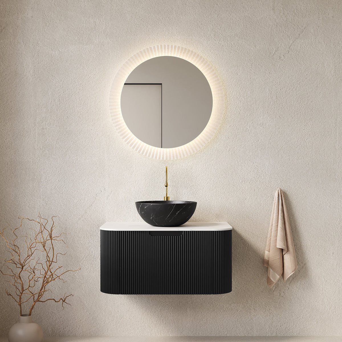 Modern 30 Inch Bathroom Vanity with Ceramic Sink, black ribbed cabinet, gold faucet HouseOfZazla on Tampa Home & Garden Store