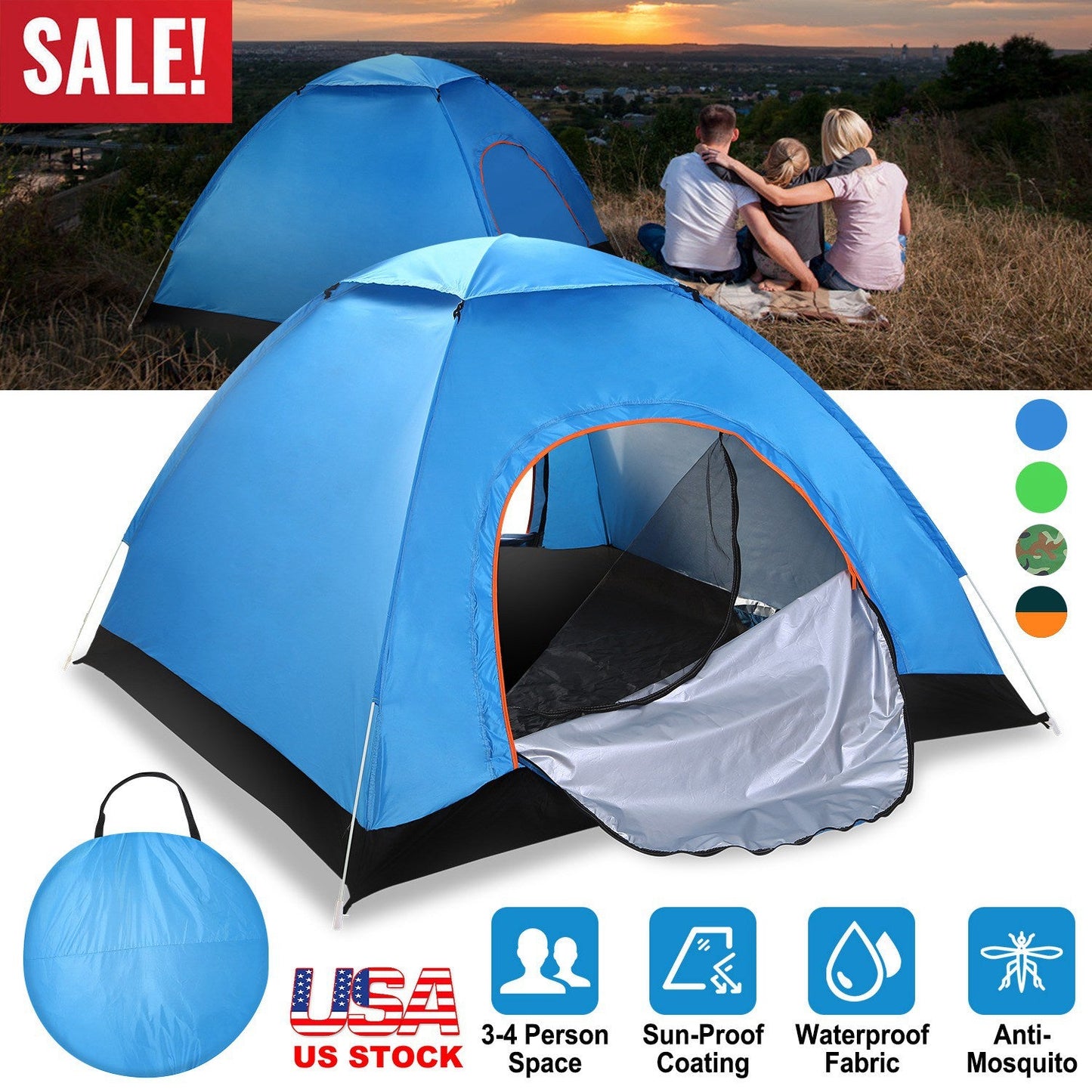 GemGear 4-Person blue pop-up camping tent with two mosquito-net doors and carrying bag on Tampa Home & Garden Store