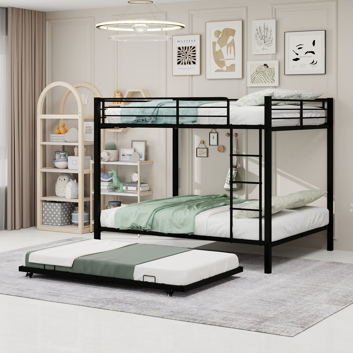Durable full-size bunk bed in black square-tube iron by HouseOfZazla with ladder on Tampa Home & Garden Store