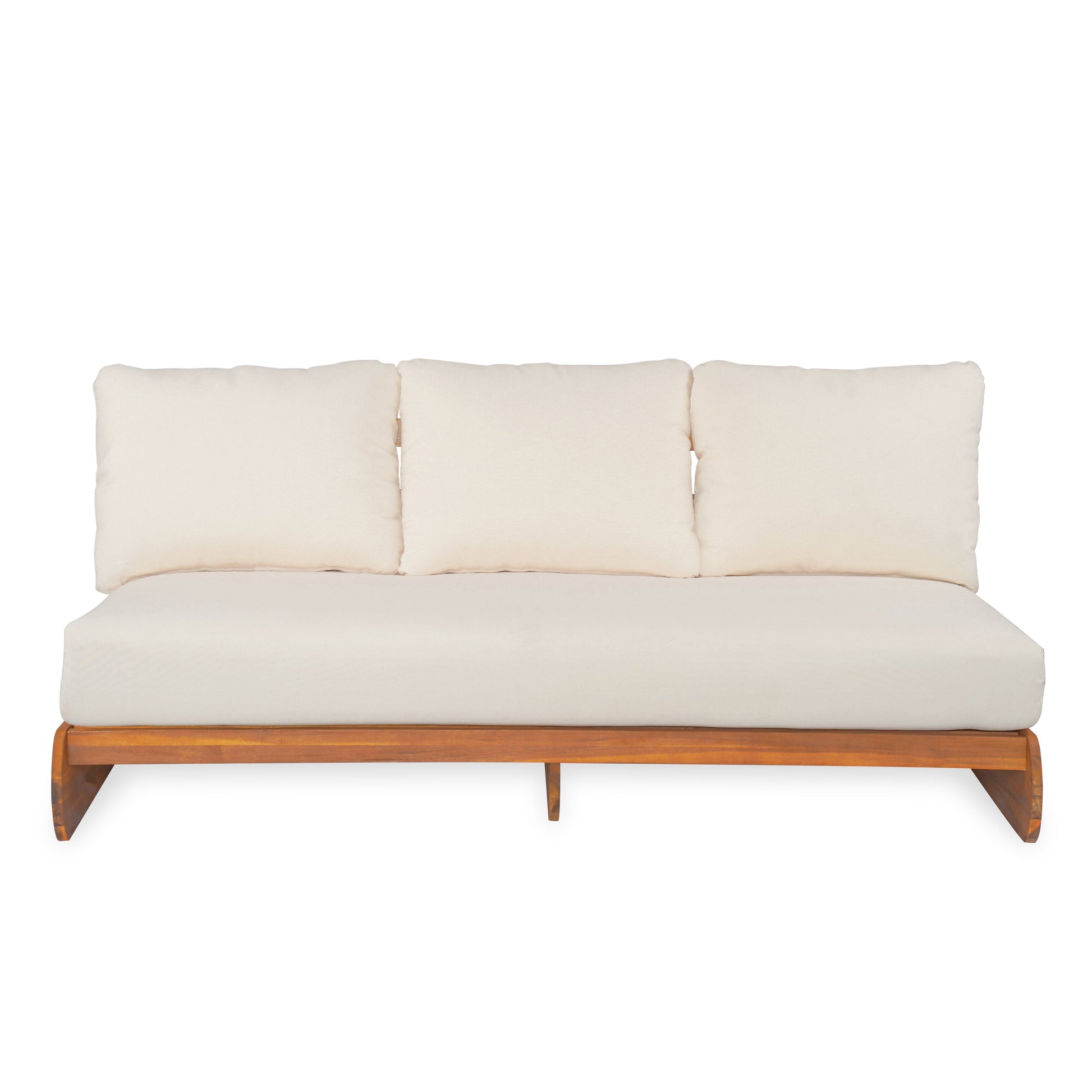Outdoor Acacia Lazy 5 Seater Chat Set with cream cushions on a warm wooden frame on Tampa Home & Garden Store