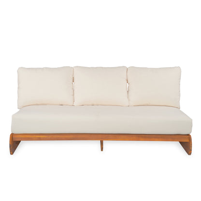Outdoor Acacia Lazy 5 Seater Chat Set with cream cushions on a warm wooden frame on Tampa Home & Garden Store