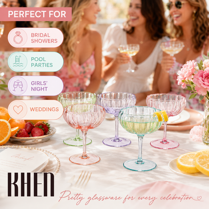 Set of six bright flower coupe cocktail glasses