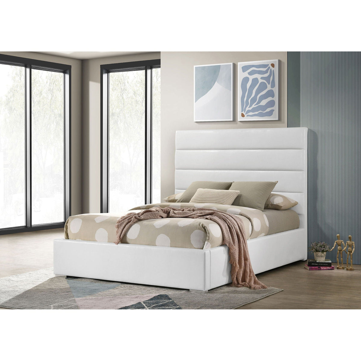 Dulcey Platform Bed white upholstered bed with tufted headboard beige bedding and cozy throw on Tampa Home & Garden Store