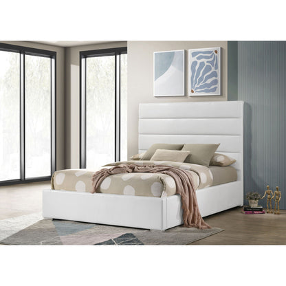 Dulcey Platform Bed white upholstered bed with tufted headboard beige bedding and cozy throw on Tampa Home & Garden Store