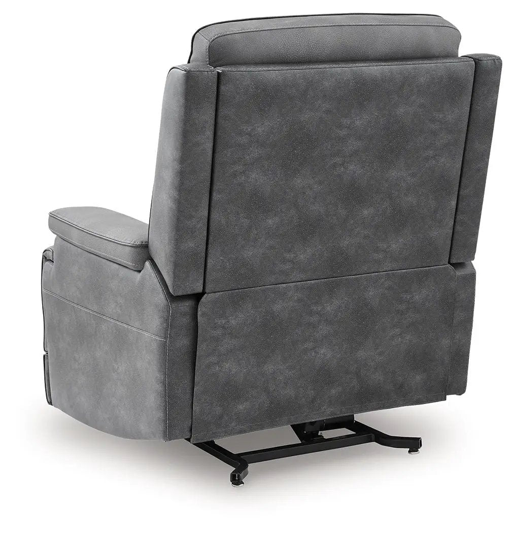 Power Lift Recliner by Unique Piece Furniture in gray fabric, back lift chair with metal base on Tampa Home & Garden Store