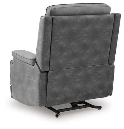 Power Lift Recliner by Unique Piece Furniture in gray fabric, back lift chair with metal base on Tampa Home & Garden Store