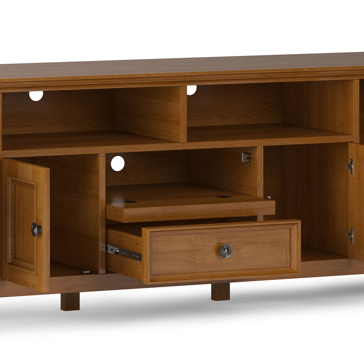 Handcrafted wide TV stand with open shelves and cable holes in warm oak HouseOfZazla on Tampa Home & Garden Store