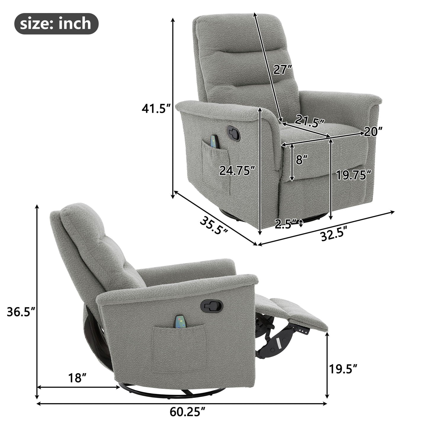 Manual recliner massage chair by HouseOfZazla in gray fabric with swivel base and remote pocket on Tampa Home & Garden Store