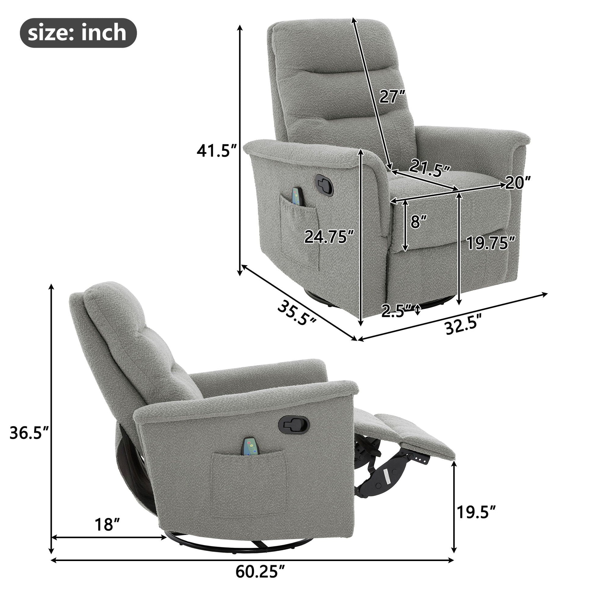 Manual recliner massage chair by HouseOfZazla in gray fabric with swivel base and remote pocket on Tampa Home & Garden Store