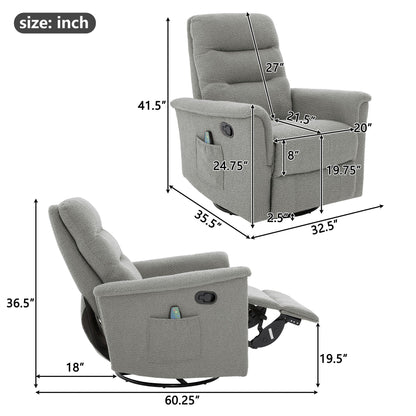 Manual recliner massage chair by HouseOfZazla in gray fabric with swivel base and remote pocket on Tampa Home & Garden Store