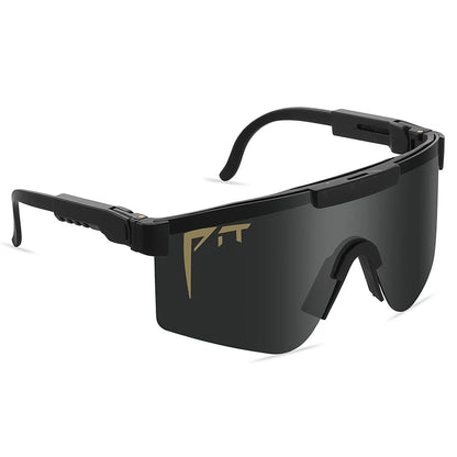 Pit Viper Sunglasses UV400 with black mirrored shield lens and gold PIT logo, wraparound on Tampa Home & Garden Store