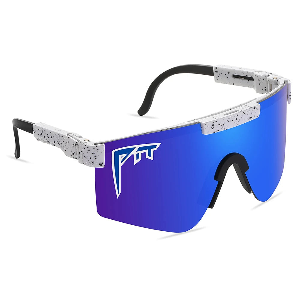 Pit Viper UV400 sunglasses with speckled white frame and blue mirrored shield lens on Tampa Home & Garden Store
