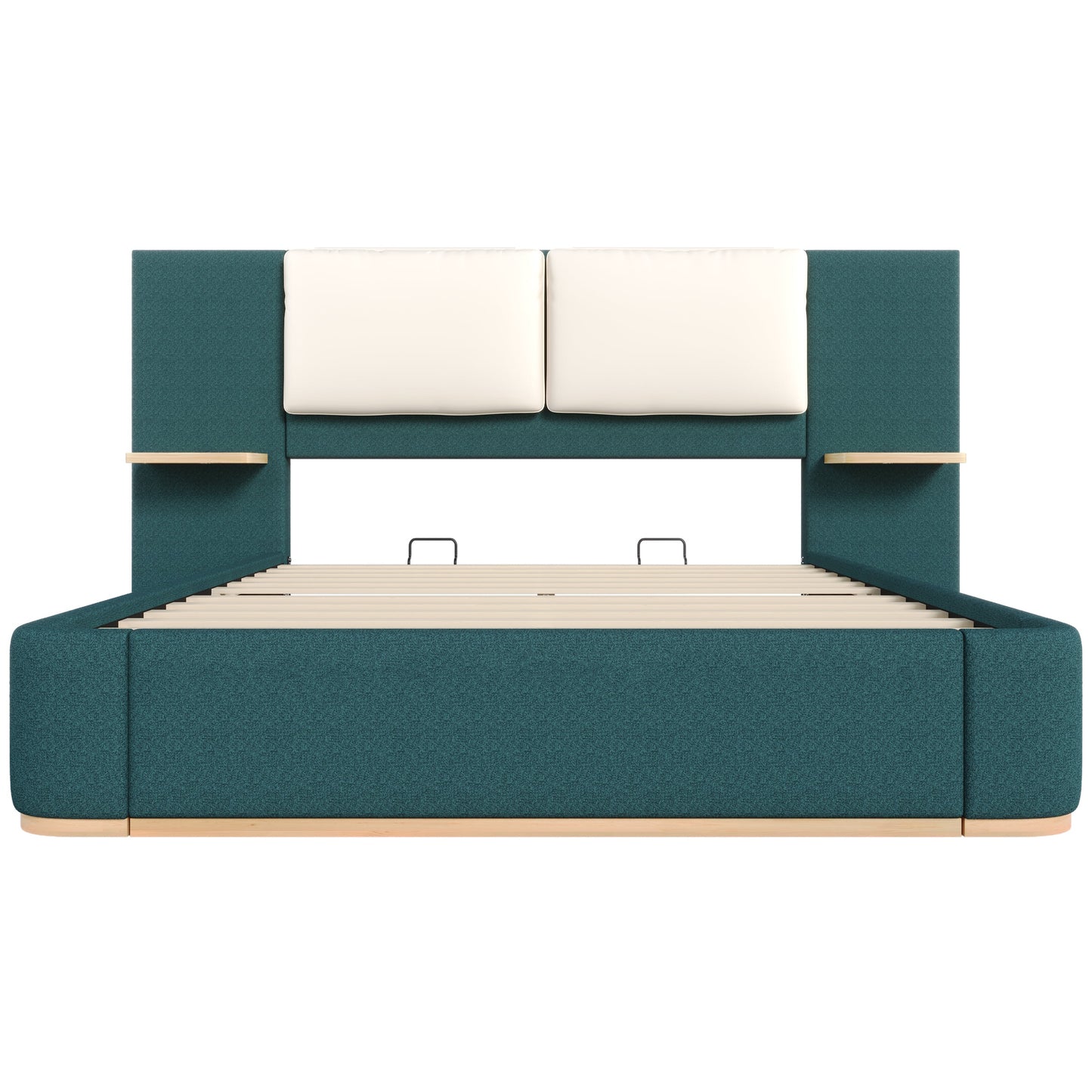 Queen Size Upholstered Platform Bed in teal with cream headboard panels HouseOfZazla on Tampa Home & Garden Store