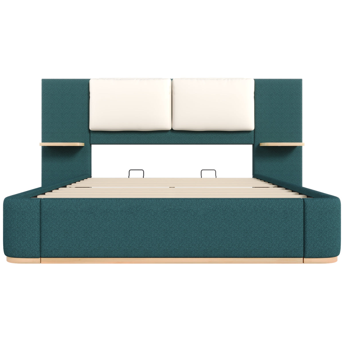 Queen Size Upholstered Platform Bed in teal with cream headboard panels HouseOfZazla on Tampa Home & Garden Store
