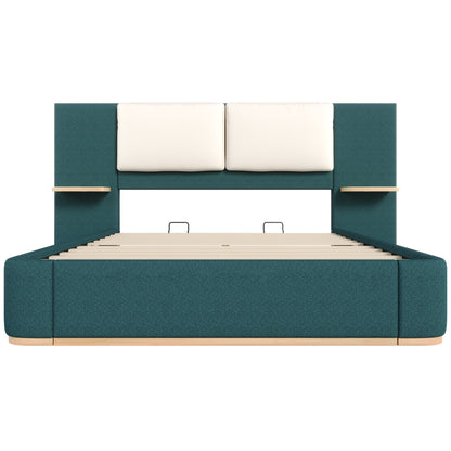 Queen Size Upholstered Platform Bed in teal with cream headboard panels HouseOfZazla on Tampa Home & Garden Store