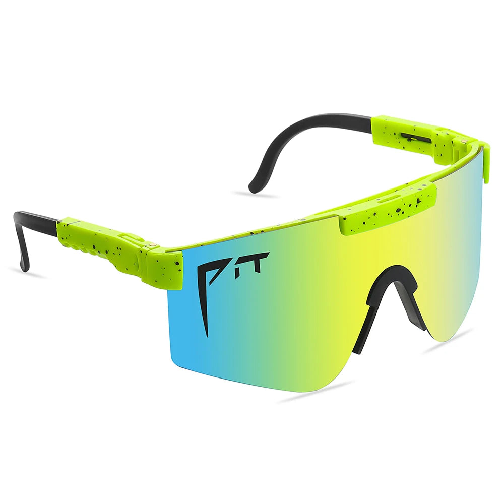 Pit Viper Sunglasses UV400 neon lime speckled frame with blue-yellow mirrored shield lenses on Tampa Home & Garden Store