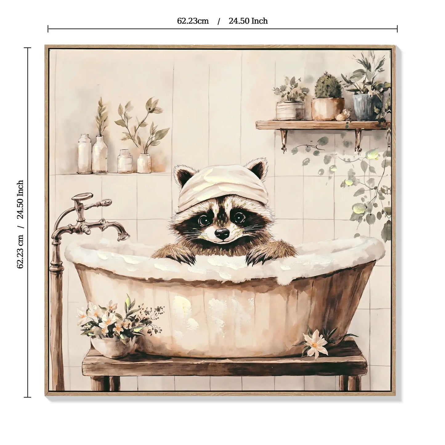 Raccoon Bathroom Canvas Wall Art Ivory Framed