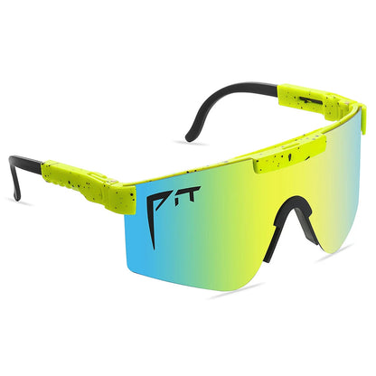 Pit Viper Sunglasses UV400 neon lime frame with speckled arms and blue gradient lens on Tampa Home & Garden Store