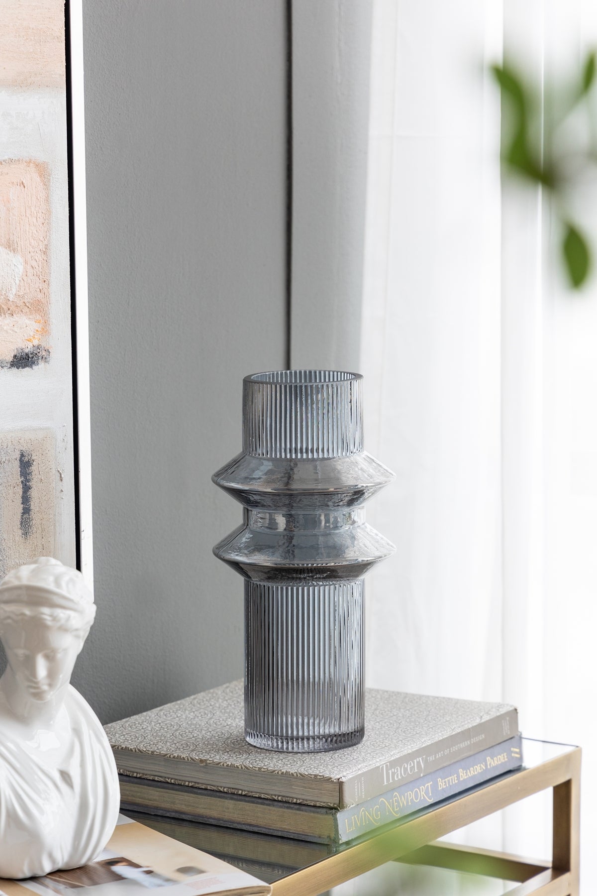 Clear Blue Glass Ribbed Accent Vases Set of 2