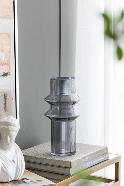 Clear Blue Glass Ribbed Accent Vases Set of 2