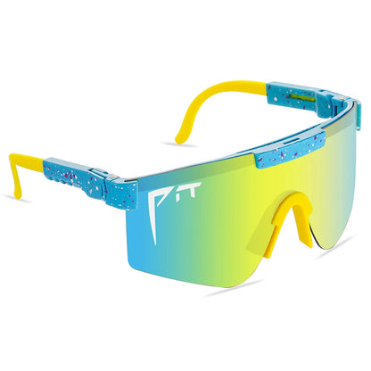 Pit Viper UV400 sunglasses shield lens blue speckled frame with yellow temples mirrored lens on Tampa Home & Garden Store