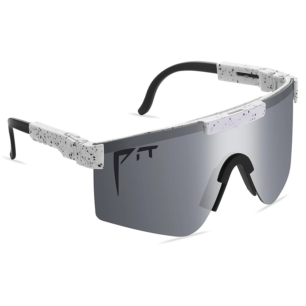 Pit Viper Sunglasses UV400 with white speckled frame and gray mirrored shield lens on Tampa Home & Garden Store