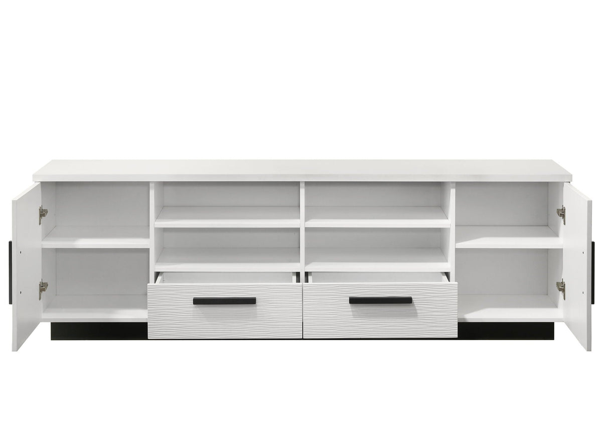 White TV stand with drawers, adjustable shelves, and open cubbies in white finish on Tampa Home & Garden Store
