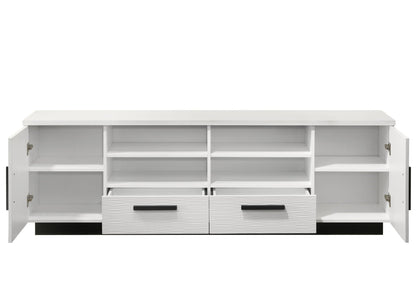 White TV stand with drawers, adjustable shelves, and open cubbies in white finish on Tampa Home & Garden Store