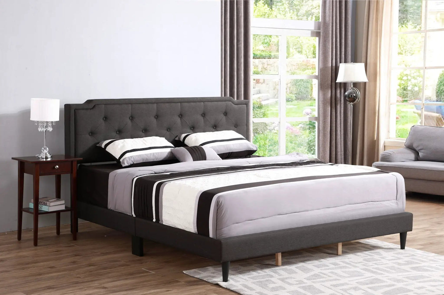 Button Tufted Upholstered Bed gray fabric with tufted headboard and striped bedding on Tampa Home & Garden Store