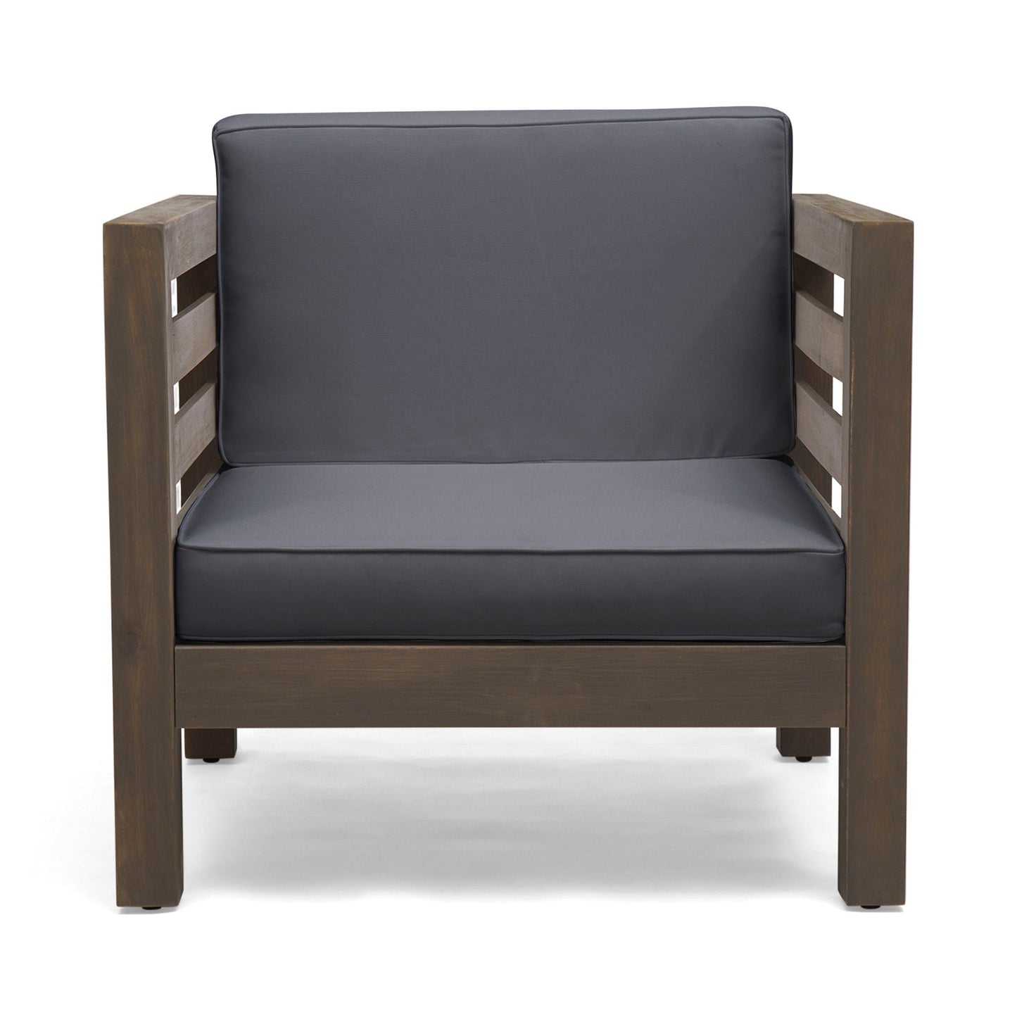 Outdoor Acacia Wood Patio Chair with Fabric Cushion, dark gray upholstery, wooden arm frame on Tampa Home & Garden Store