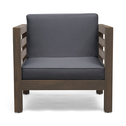 Outdoor Acacia Wood Patio Chair with Fabric Cushion, dark gray upholstery, wooden arm frame on Tampa Home & Garden Store