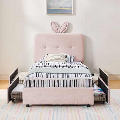 Twin size kids upholstered bed with oversized rabbit ear headboard in pink boucle on Tampa Home & Garden Store