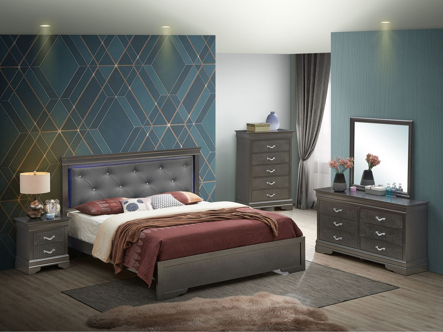 LED Elegant Bed by HouseOfZazla, grey tufted upholstered bed with diamond buttons in teal room on Tampa Home & Garden Store