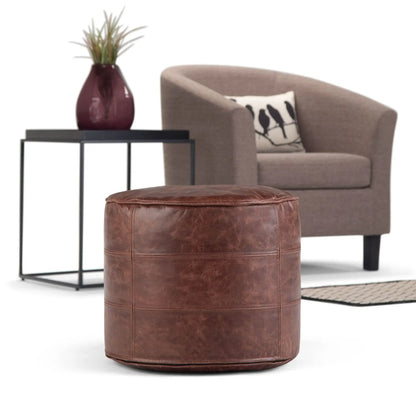 Connor Handcrafted Pouf brown leather; Unique Piece Furniture accent pouf beside chair on Tampa Home & Garden Store