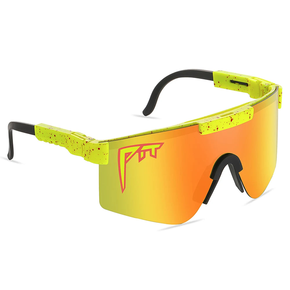 Pit Viper sunglasses UV400 by BikerZoneZ, neon yellow splatter frame with orange mirror lens on Tampa Home & Garden Store