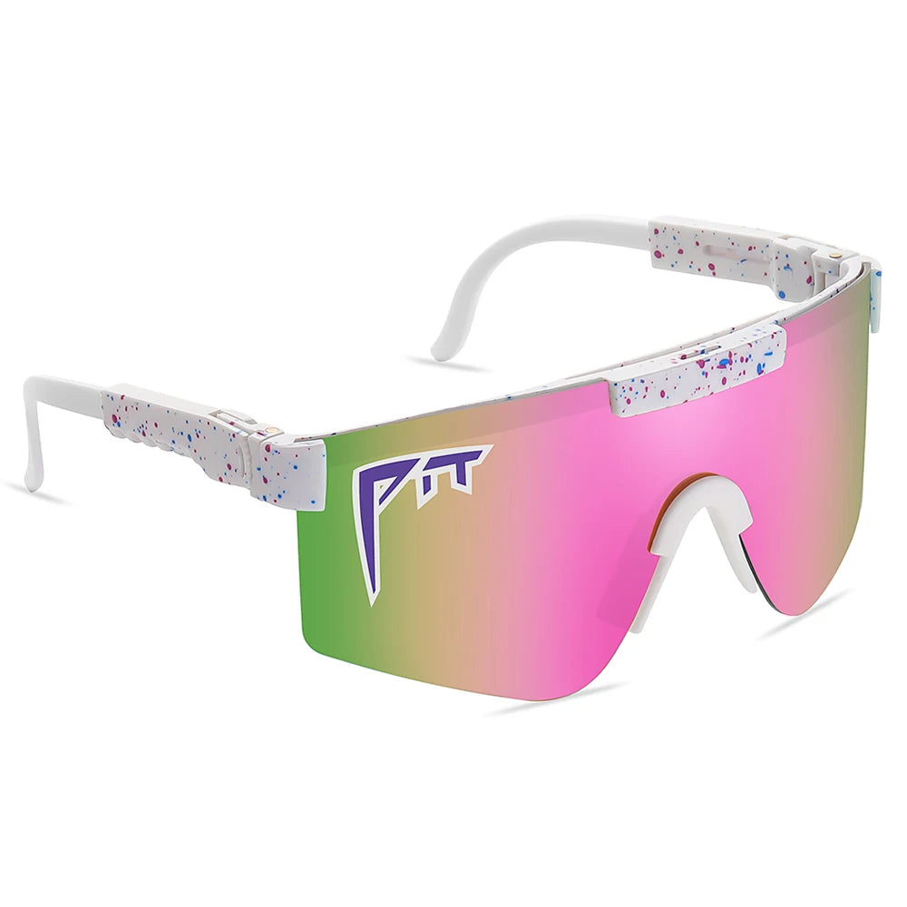 Pit Viper sunglasses UV400 with pink-green mirrored lens and white splatter frame PIT logo on Tampa Home & Garden Store