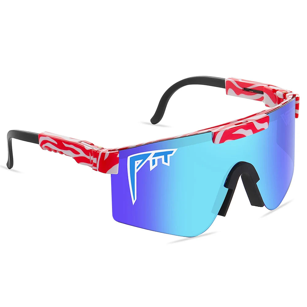 Pit Viper Sunglasses UV400 with blue mirrored lenses and red camo temple arms on Tampa Home & Garden Store