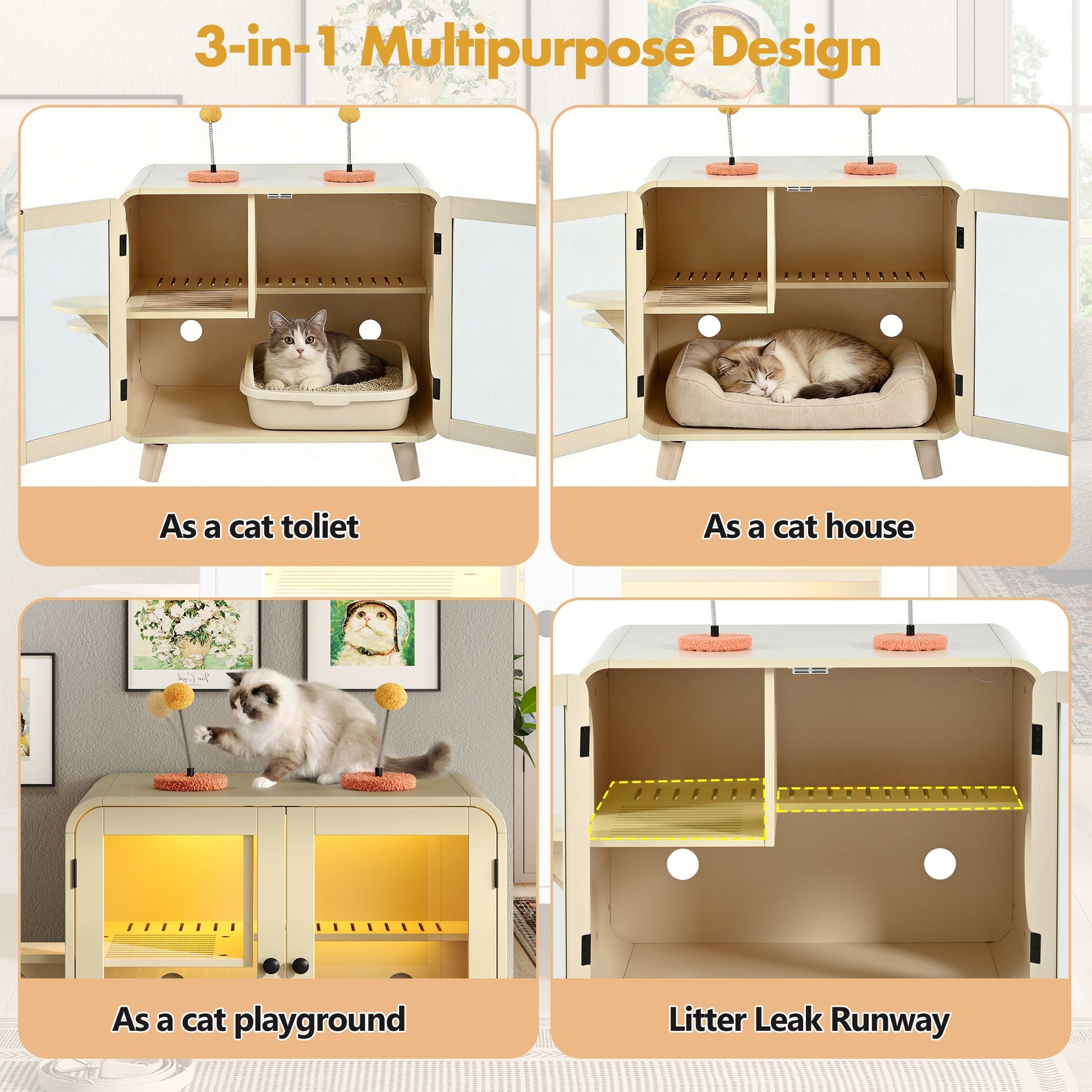 Cat hidden litter box enclosure with RGB LED light and glass doors, HouseOfZazla 3-in-1 design on Tampa Home & Garden Store