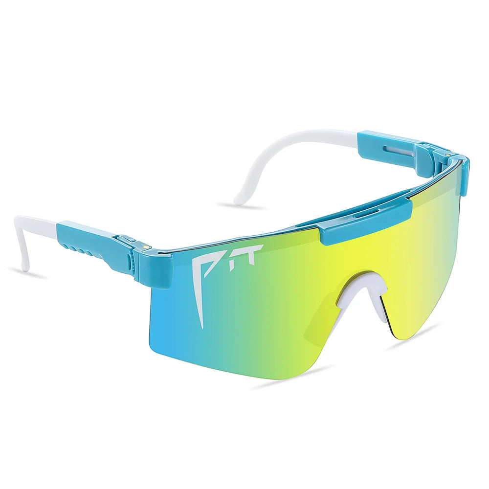 Pit Viper Sunglasses UV400 blue frame with white temples and mirrored yellow-green lenses on Tampa Home & Garden Store