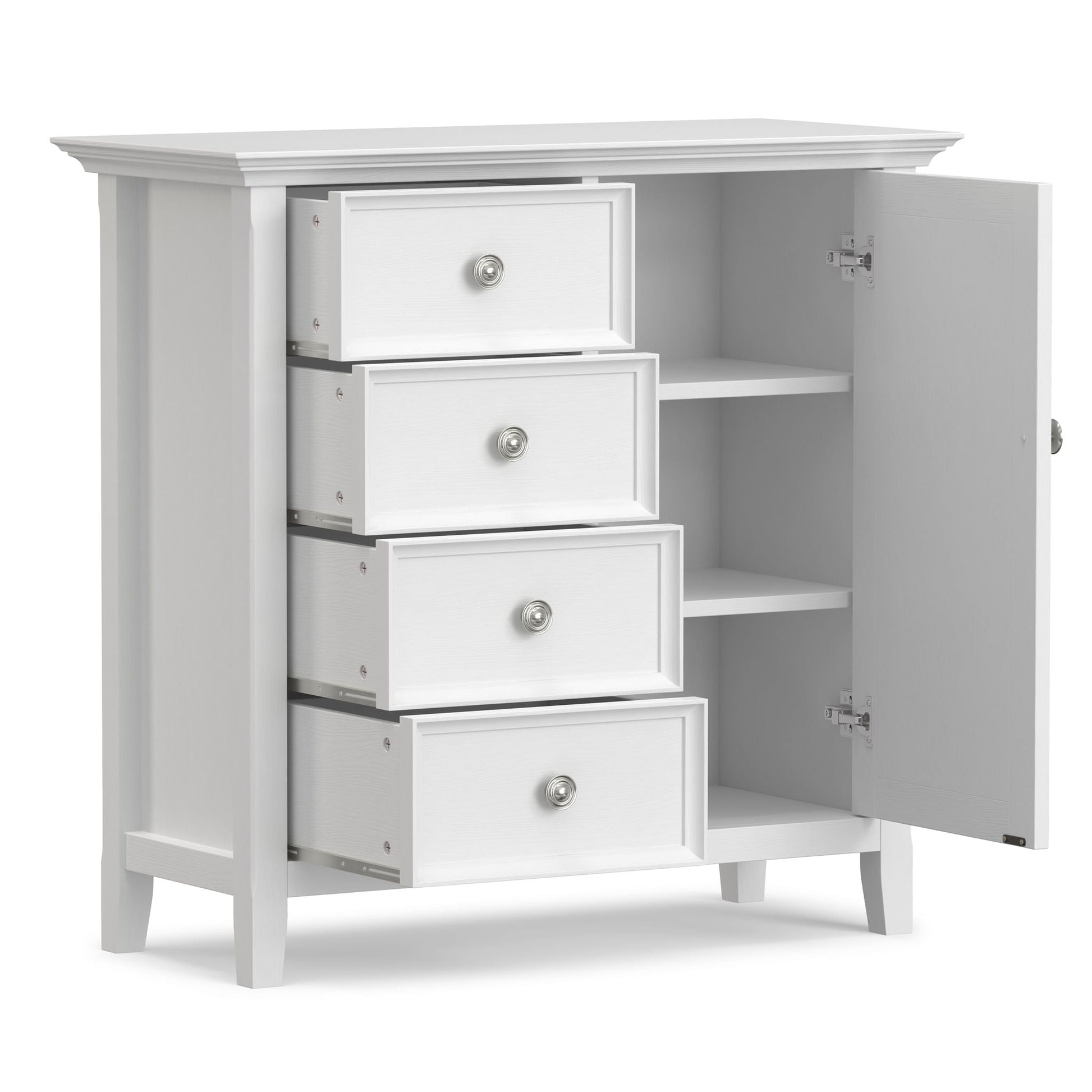Amherst Handcrafted Storage Cabinet by HouseOfZazla; white cabinet with crown molding and 4 drawers on Tampa Home & Garden Store
