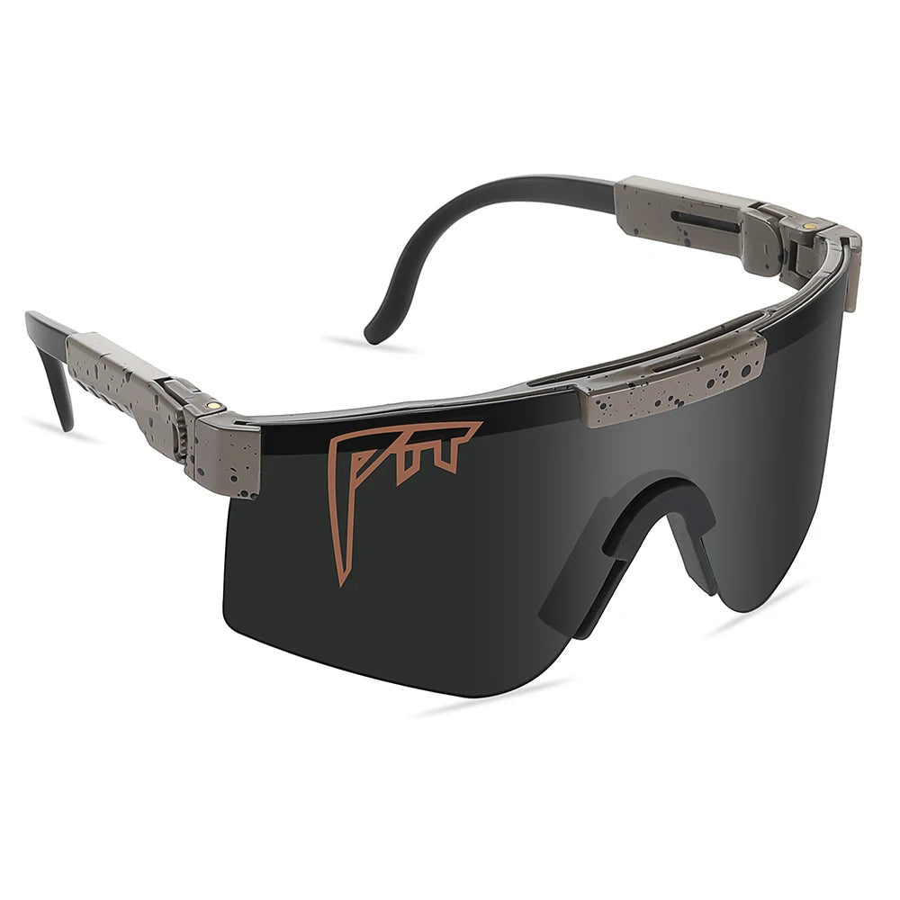 Pit Viper UV400 sunglasses with black shield lens and speckled gray arms, copper logo on lens on Tampa Home & Garden Store