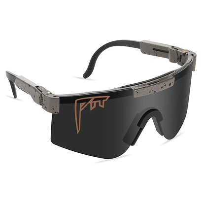 Pit Viper UV400 sunglasses with black shield lens and speckled gray arms, copper logo on lens on Tampa Home & Garden Store