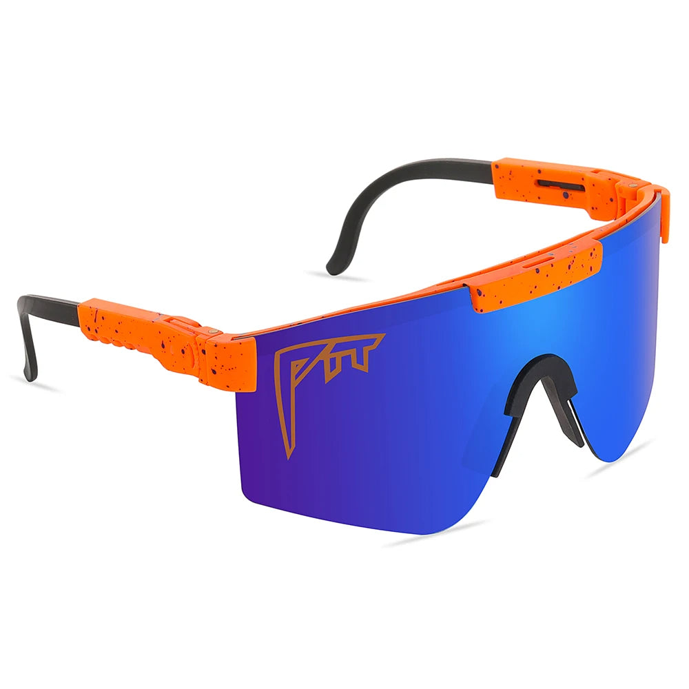 Pit Viper Sunglasses UV400 by BikerZoneZ, blue mirrored lenses, orange speckled frame on Tampa Home & Garden Store