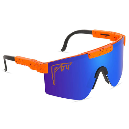 Pit Viper Sunglasses UV400 by BikerZoneZ, blue mirrored lenses, orange speckled frame on Tampa Home & Garden Store