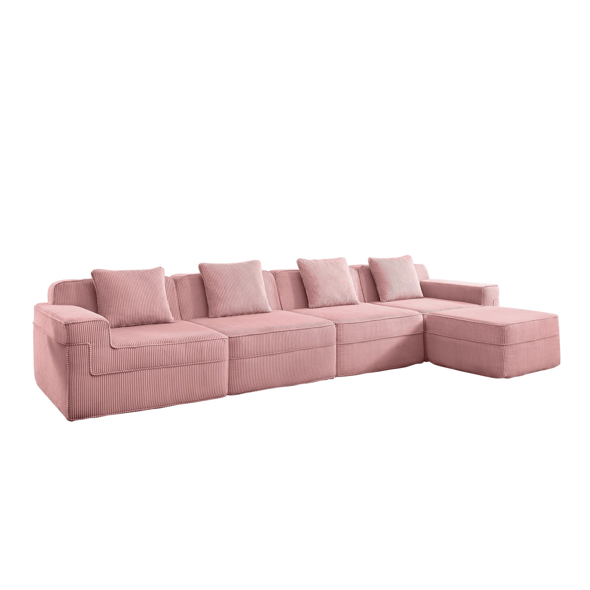 Modular 4-seat L-shaped sectional sofa in pink corduroy with plush back cushions on Tampa Home & Garden Store